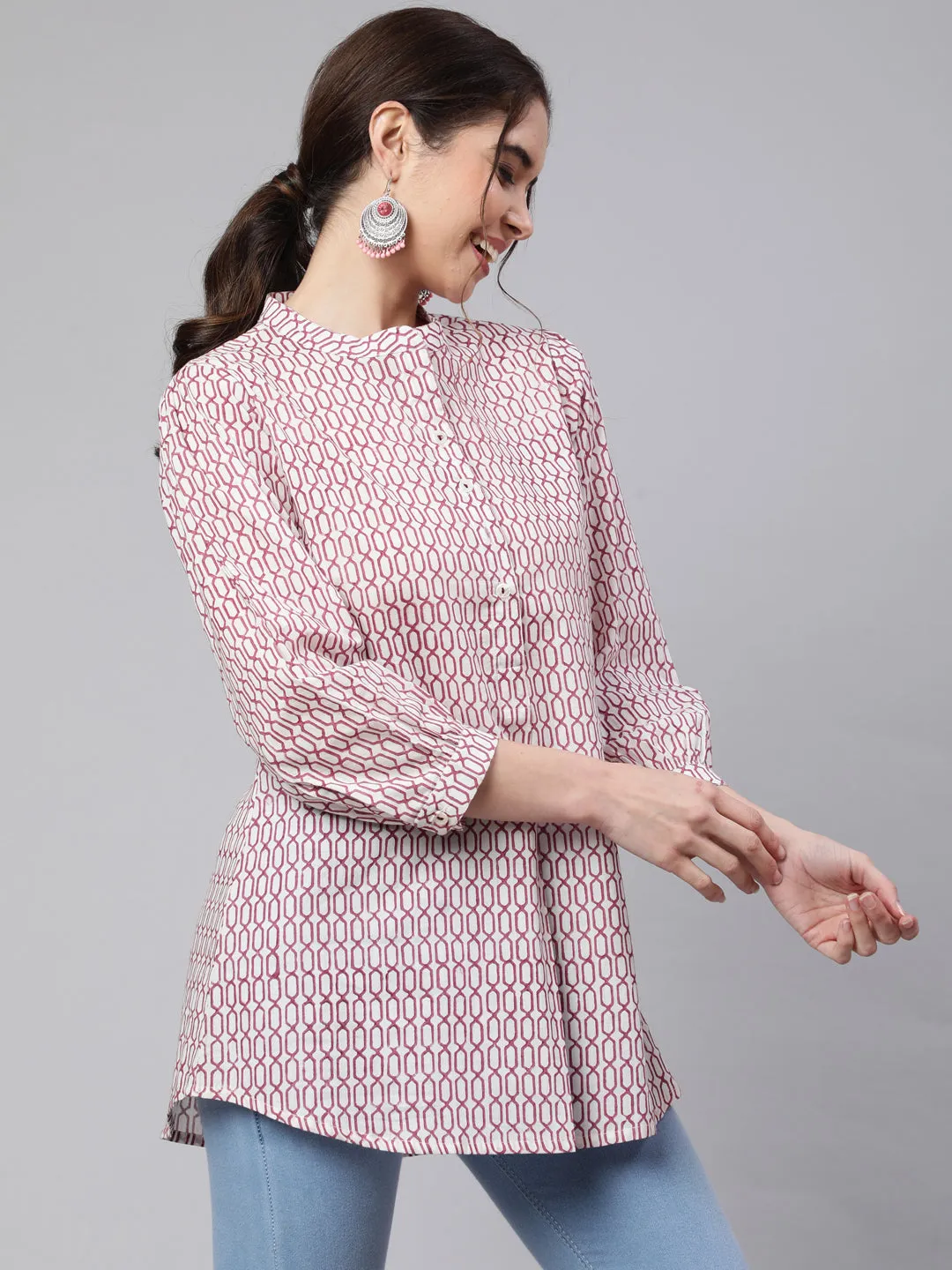 White And Magenta Printed Pleated Top