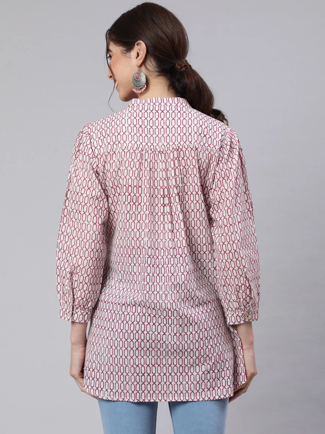 White And Magenta Printed Pleated Top