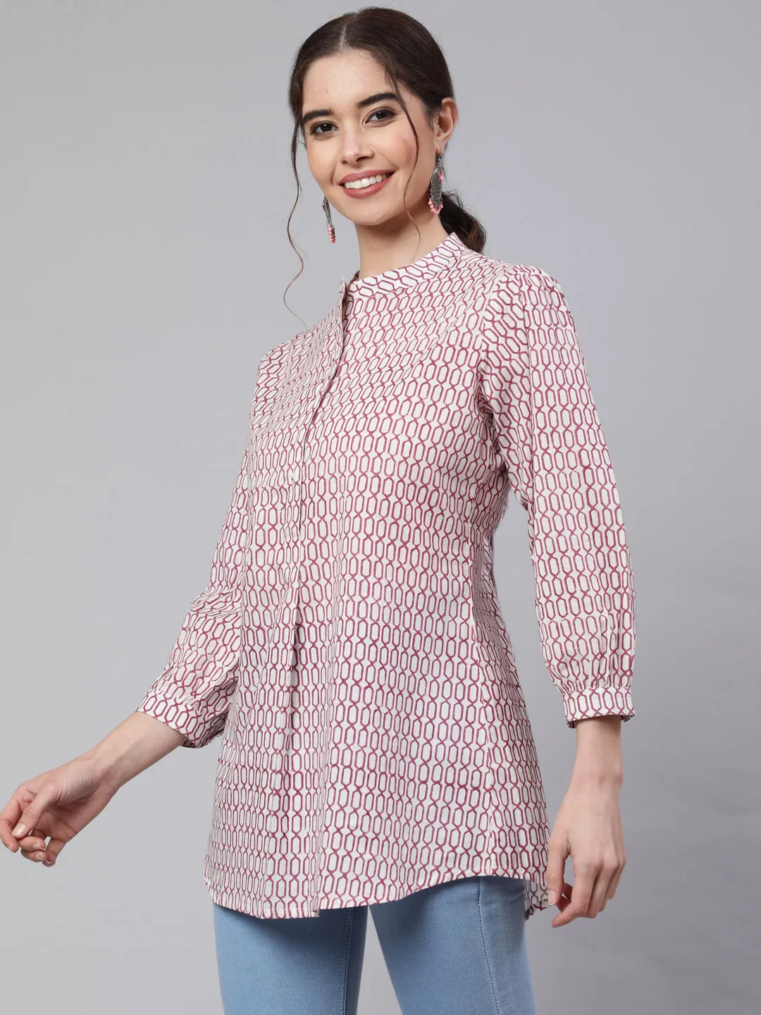 White And Magenta Printed Pleated Top