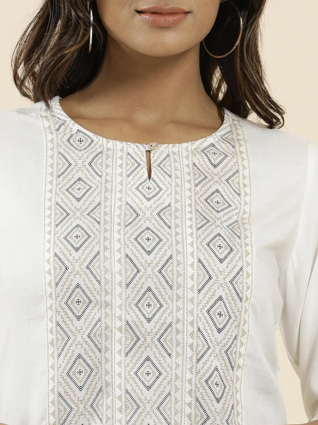 White Geometric Printed Straight Top