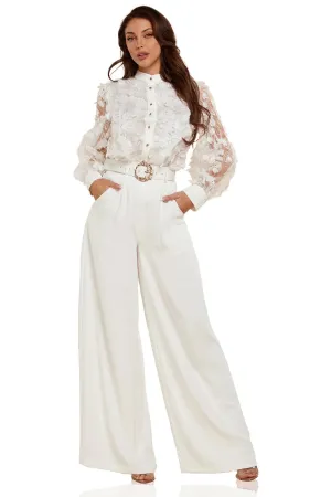 WHITE LACE DETAIL FLOER TOP AND PANT SET
