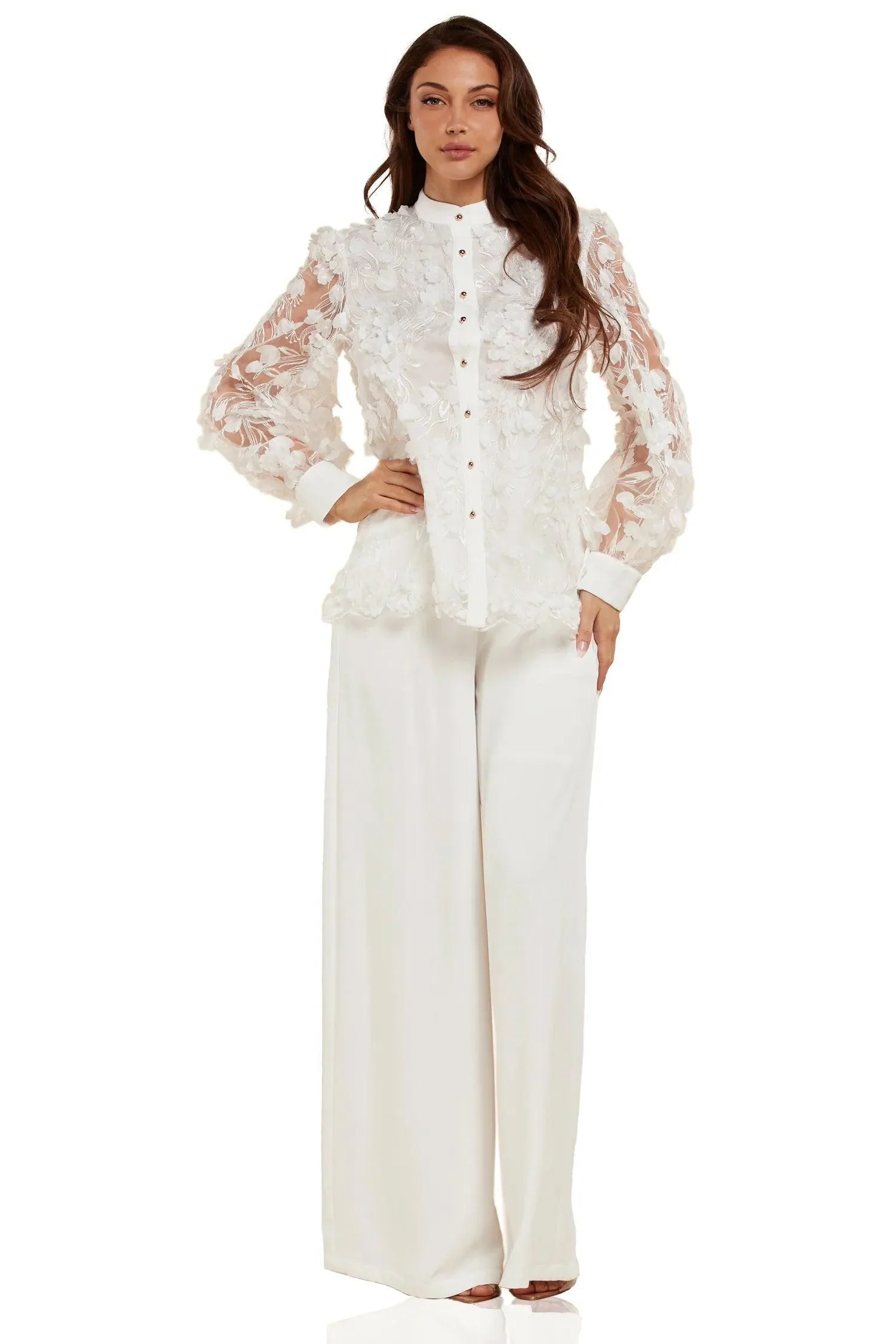 WHITE LACE DETAIL FLOER TOP AND PANT SET