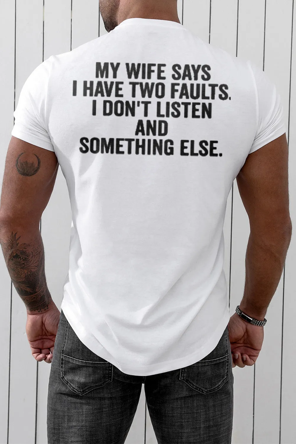 White Men's Letter Printed Skinny Fit Crew Neck T Shirt