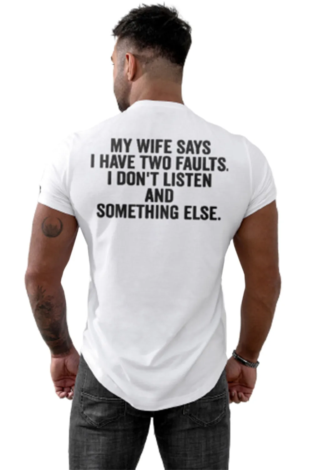 White Men's Letter Printed Skinny Fit Crew Neck T Shirt