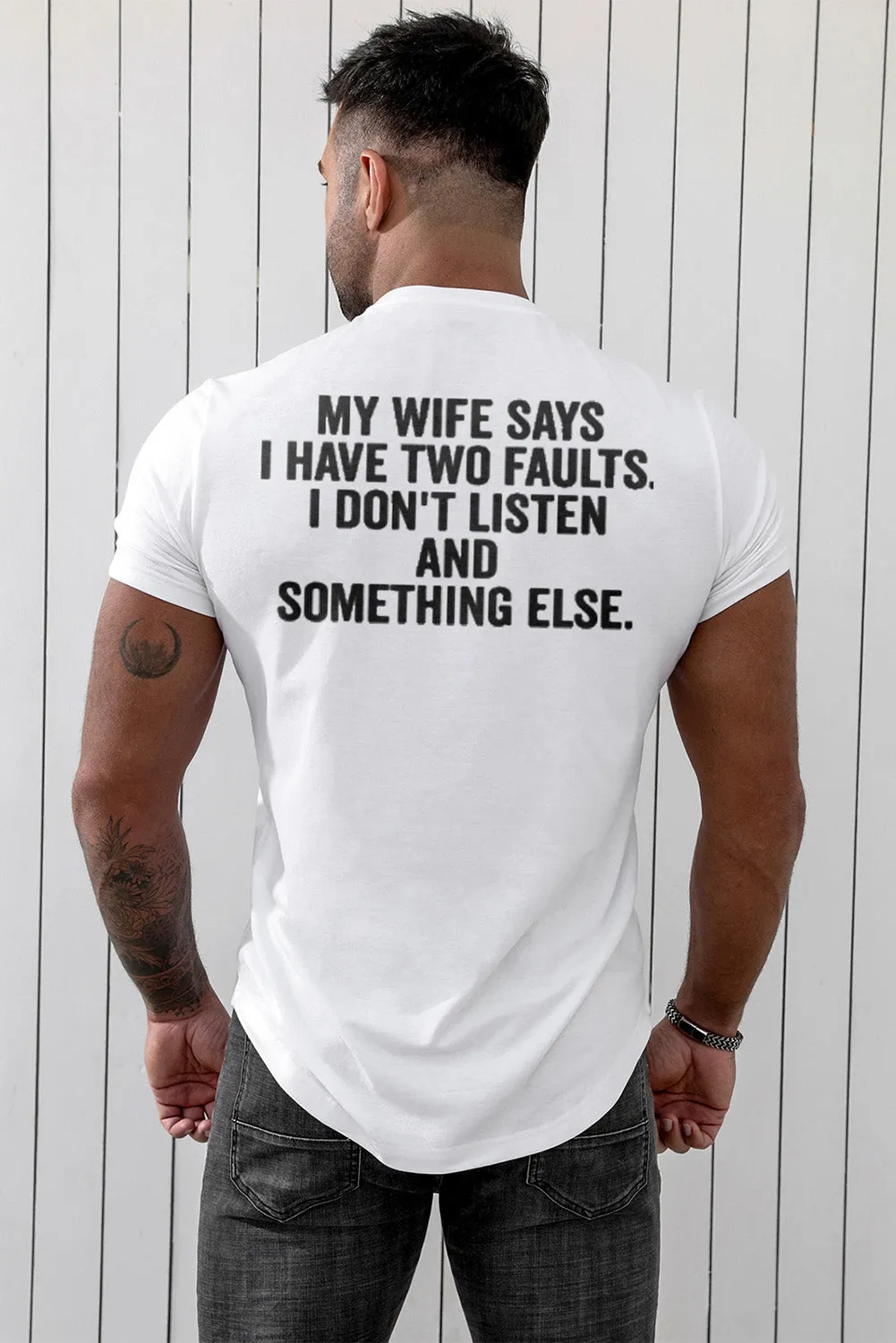White Men's Letter Printed Skinny Fit Crew Neck T Shirt