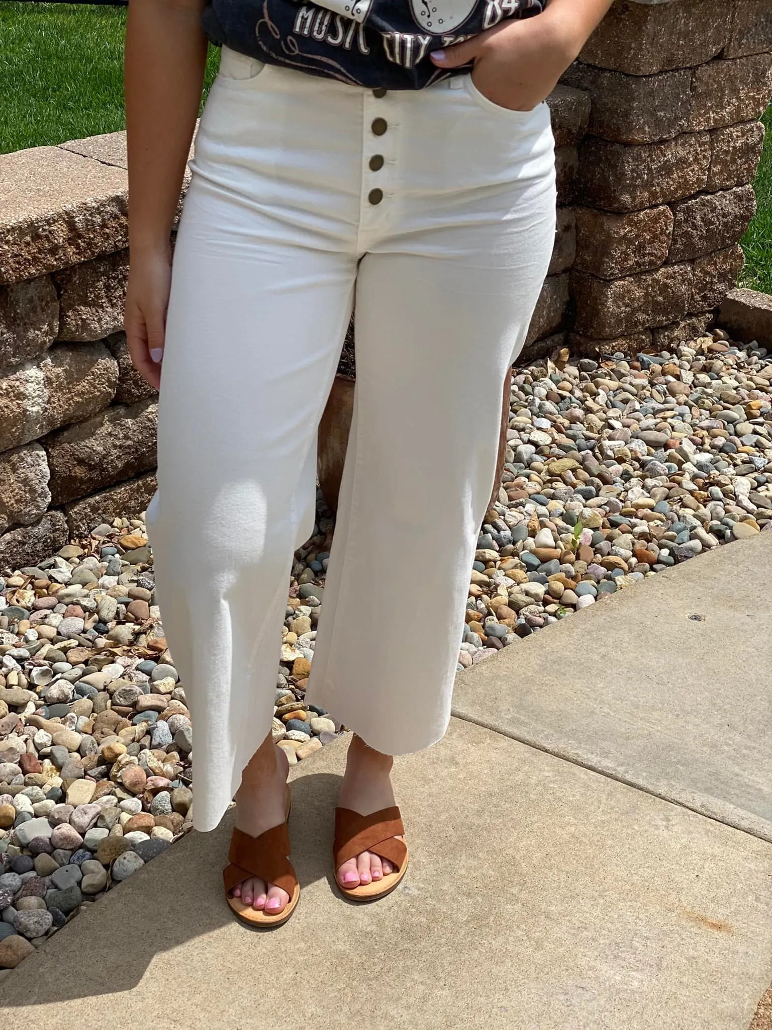 Wide Leg Raw Hem Pants - White