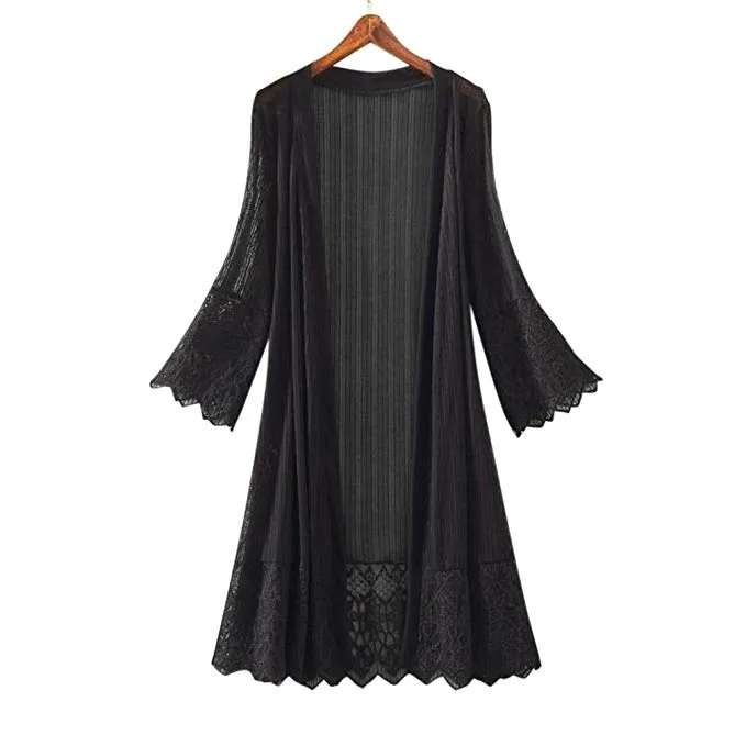 Women Long Sleeve Lace Kimono Cardigan Top Blouse T-Shirt