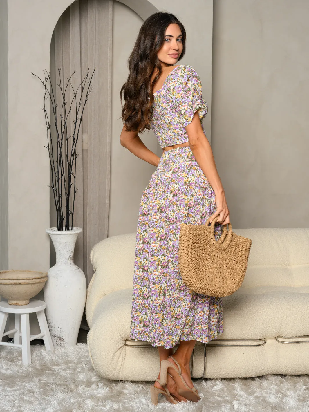 WOMEN'S 2PC FLORAL CROP TOP & MIDI SLIT SKIRT SET