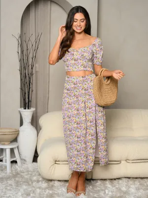WOMEN'S 2PC FLORAL CROP TOP & MIDI SLIT SKIRT SET
