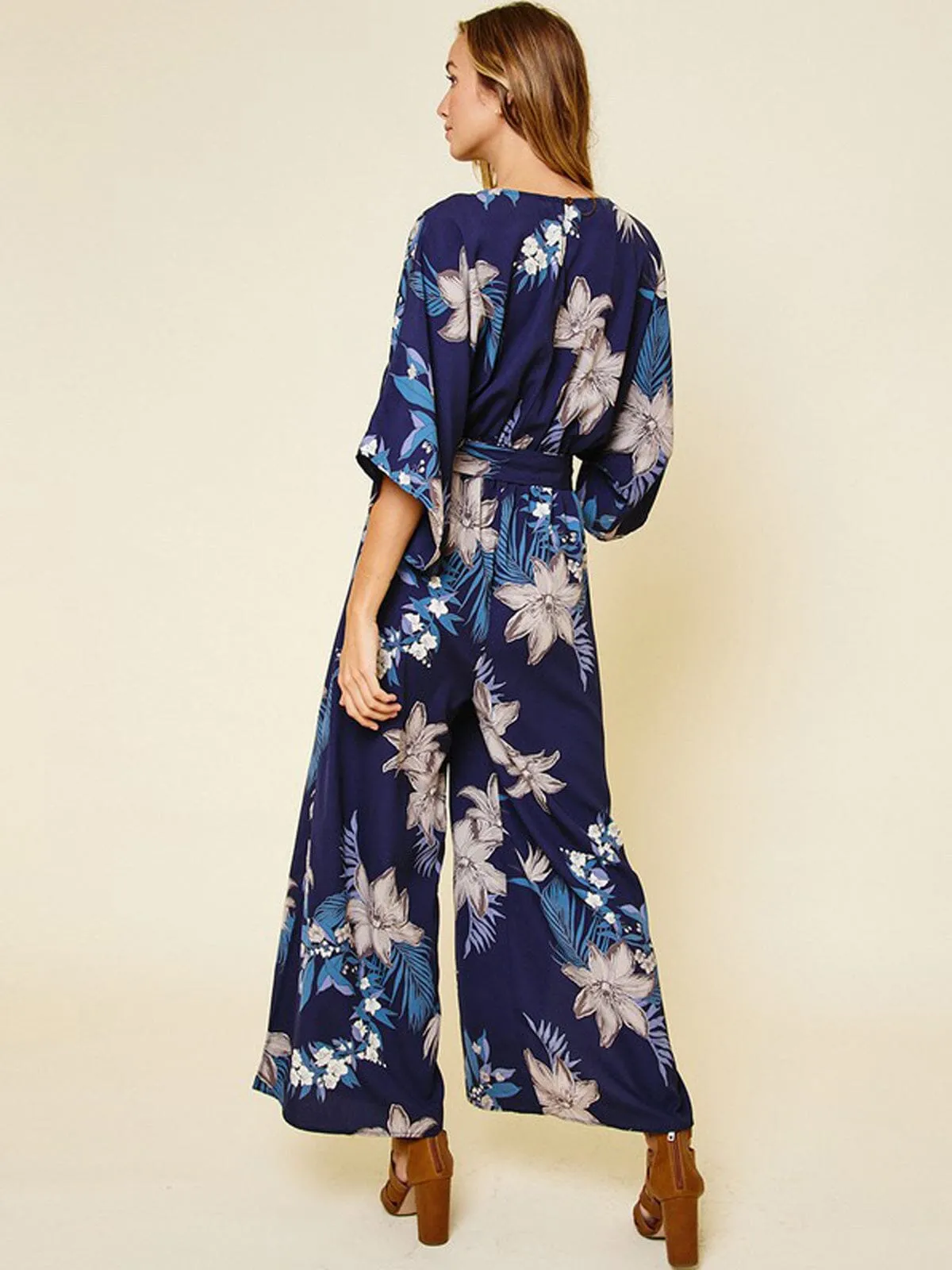 WOMEN'S 3/4 SLEEVE V-NECK SIDE SLIT FLORAL JUMPSUIT