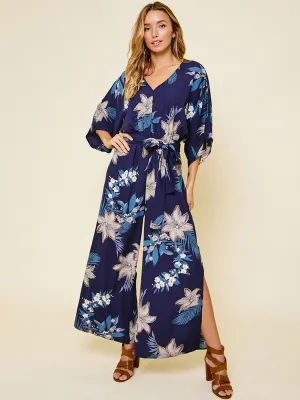 WOMEN'S 3/4 SLEEVE V-NECK SIDE SLIT FLORAL JUMPSUIT