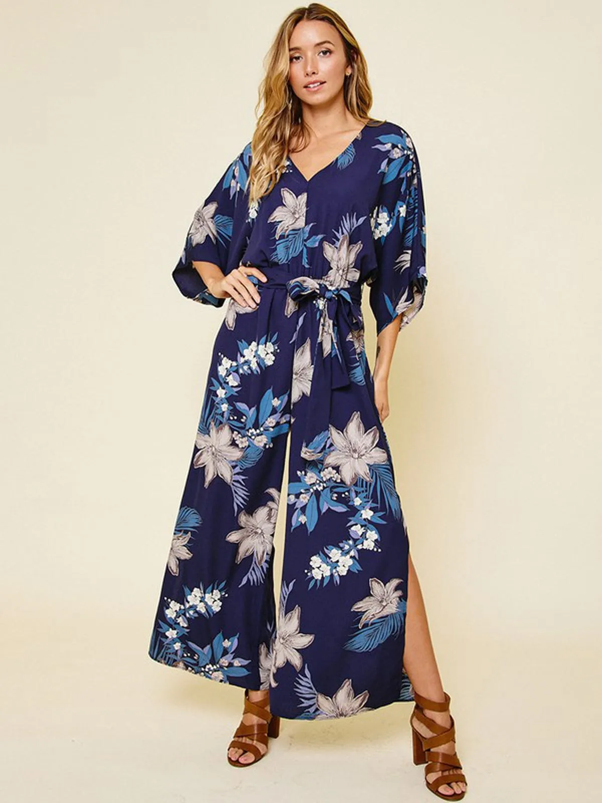 WOMEN'S 3/4 SLEEVE V-NECK SIDE SLIT FLORAL JUMPSUIT