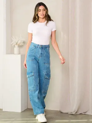WOMEN'S BUTTON CLOSURE CARGO POCKETS BUTTERFLY PRINT DENIM PANTS