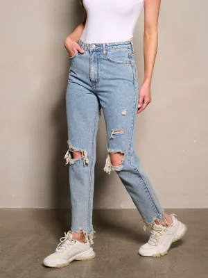 WOMEN'S BUTTON CLOSURE POCKETS DISTRESS DENIM PANTS
