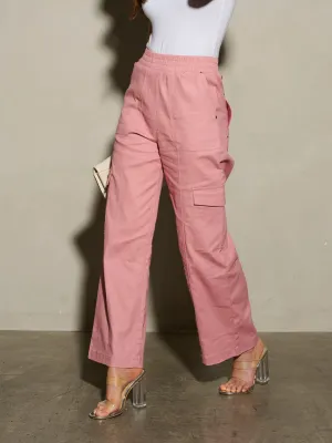 WOMEN'S ELASTIC WAIST CARGO POCKETS WIDE LEG PANTS