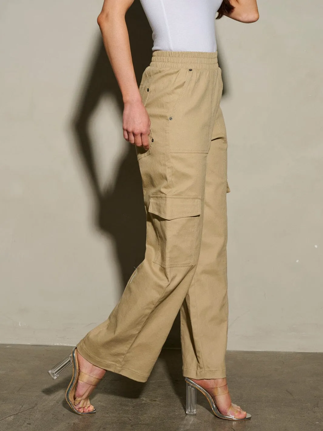 WOMEN'S ELASTIC WAIST CARGO POCKETS WIDE LEG PANTS