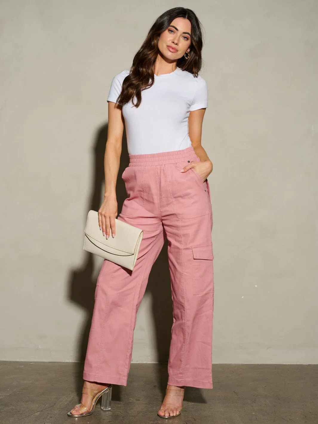 WOMEN'S ELASTIC WAIST CARGO POCKETS WIDE LEG PANTS