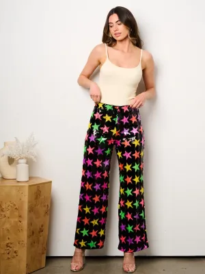 WOMEN'S ELASTIC WAIST SEQUINS STARS PRINT WIDE LEG PANTS