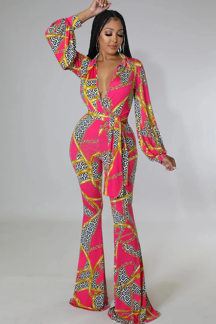 Women's Flare Bottom Surplice neckline Bodysuit Fuchsia/Gold Pant Set