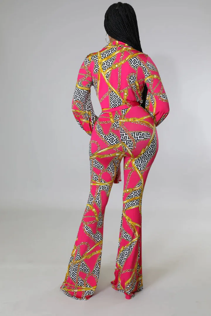 Women's Flare Bottom Surplice neckline Bodysuit Fuchsia/Gold Pant Set