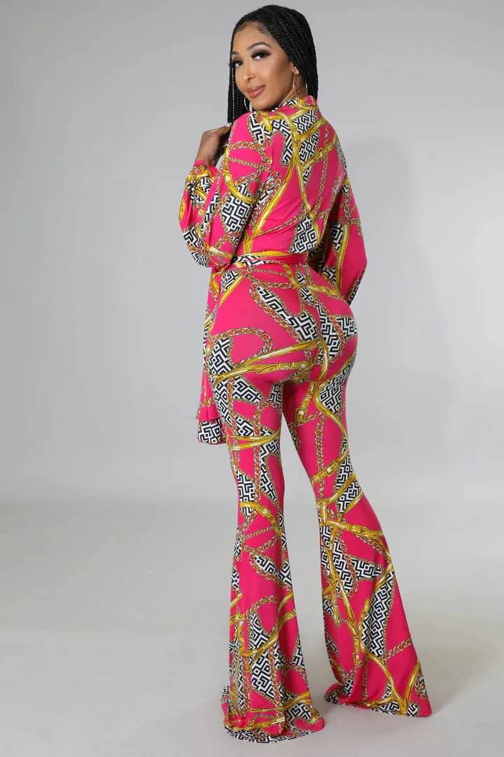 Women's Flare Bottom Surplice neckline Bodysuit Fuchsia/Gold Pant Set