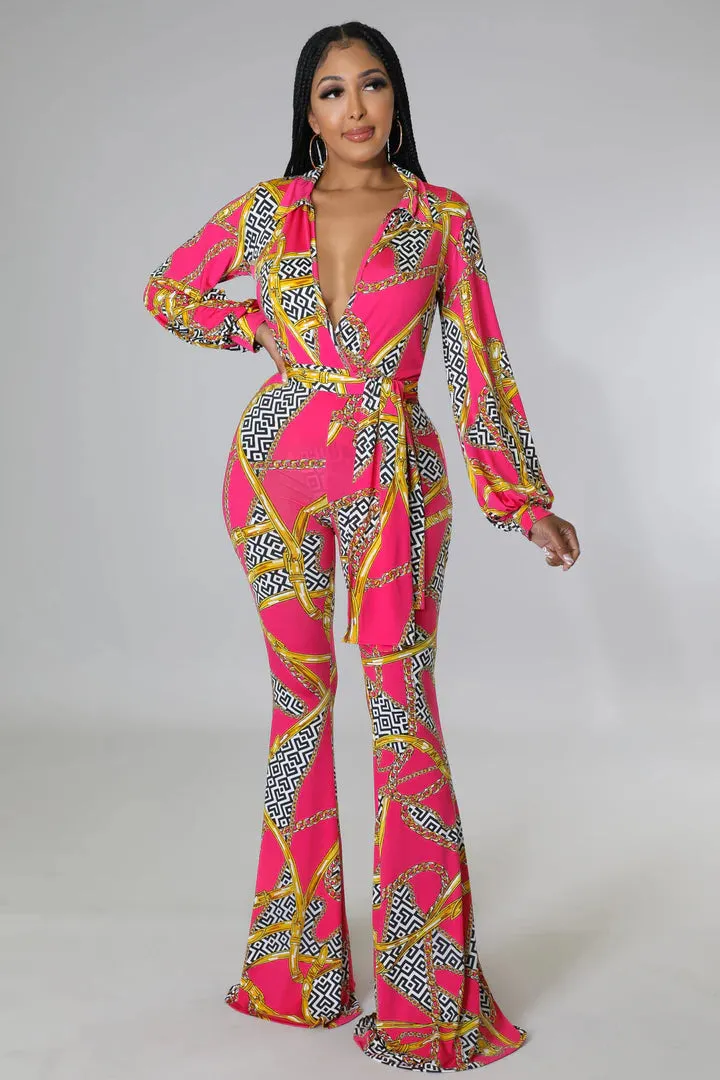 Women's Flare Bottom Surplice neckline Bodysuit Fuchsia/Gold Pant Set