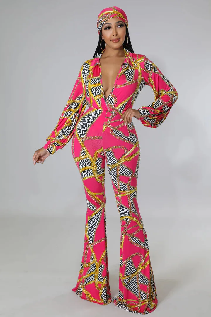 Women's Flare Bottom Surplice neckline Bodysuit Fuchsia/Gold Pant Set