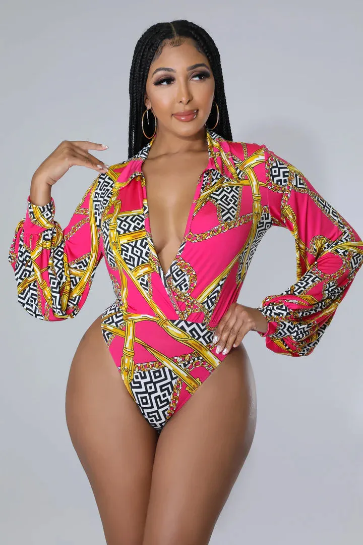 Women's Flare Bottom Surplice neckline Bodysuit Fuchsia/Gold Pant Set