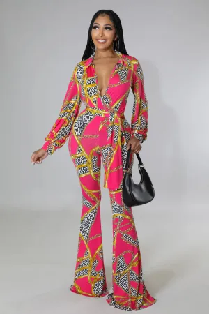 Women's Flare Bottom Surplice neckline Bodysuit Fuchsia/Gold Pant Set