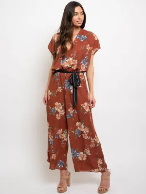 WOMEN'S FLORAL WAIST TIE JUMPSUIT