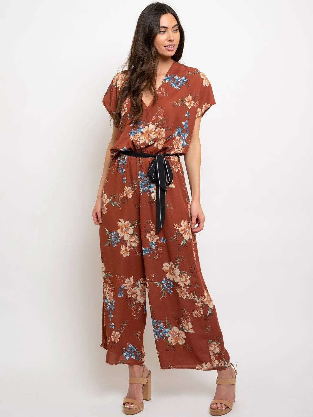 WOMEN'S FLORAL WAIST TIE JUMPSUIT