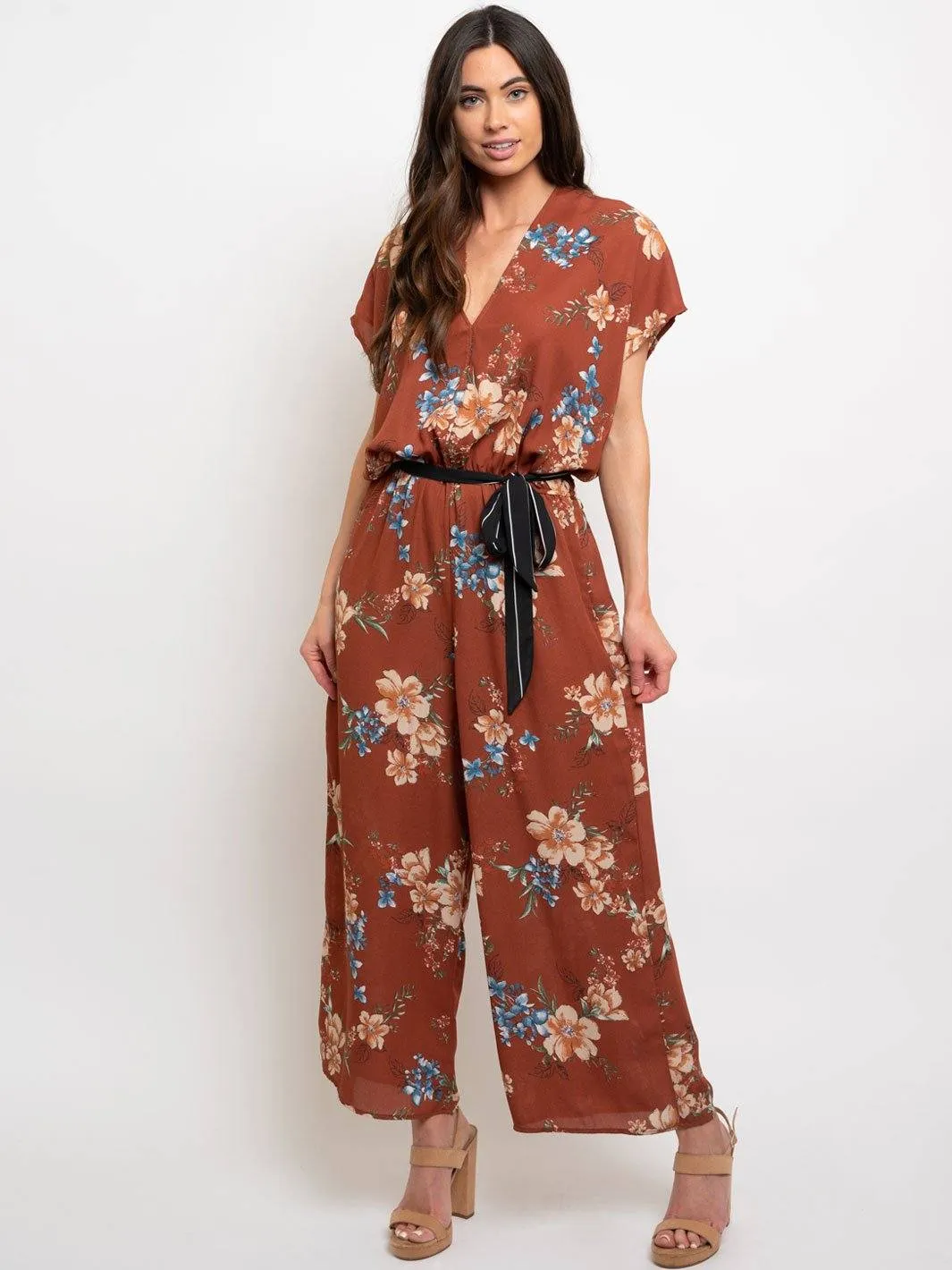 WOMEN'S FLORAL WAIST TIE JUMPSUIT