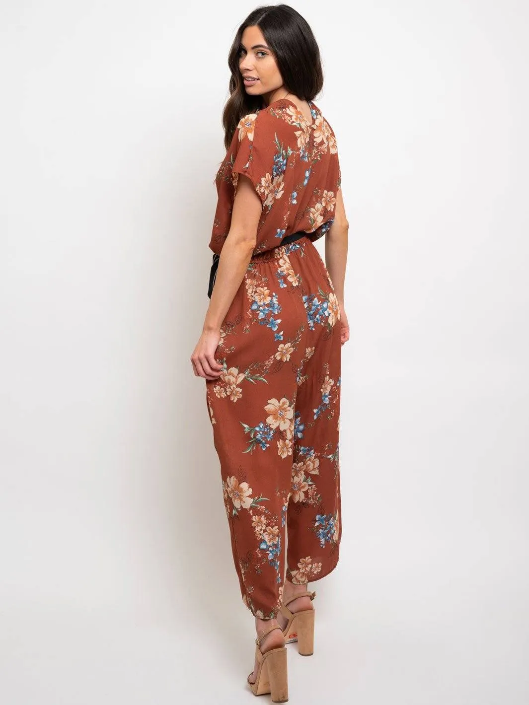 WOMEN'S FLORAL WAIST TIE JUMPSUIT