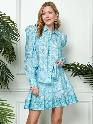 WOMEN'S LONG SLEEVE BUTTON UP TOP & MINI SKIRT FLORAL 2PC.SET