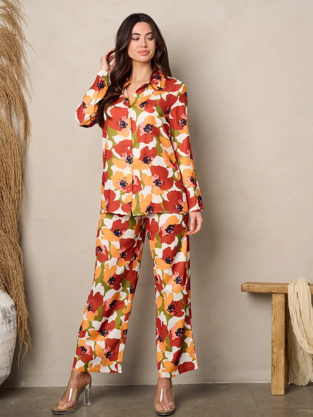 WOMEN'S LONG SLEEVE BUTTON UP TOP & PANTS FLORAL SET