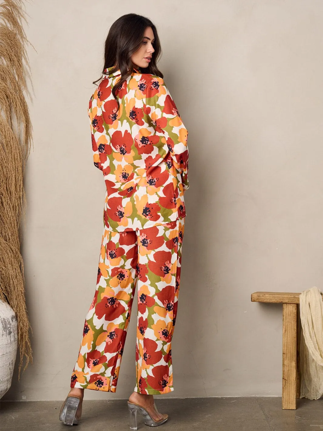 WOMEN'S LONG SLEEVE BUTTON UP TOP & PANTS FLORAL SET