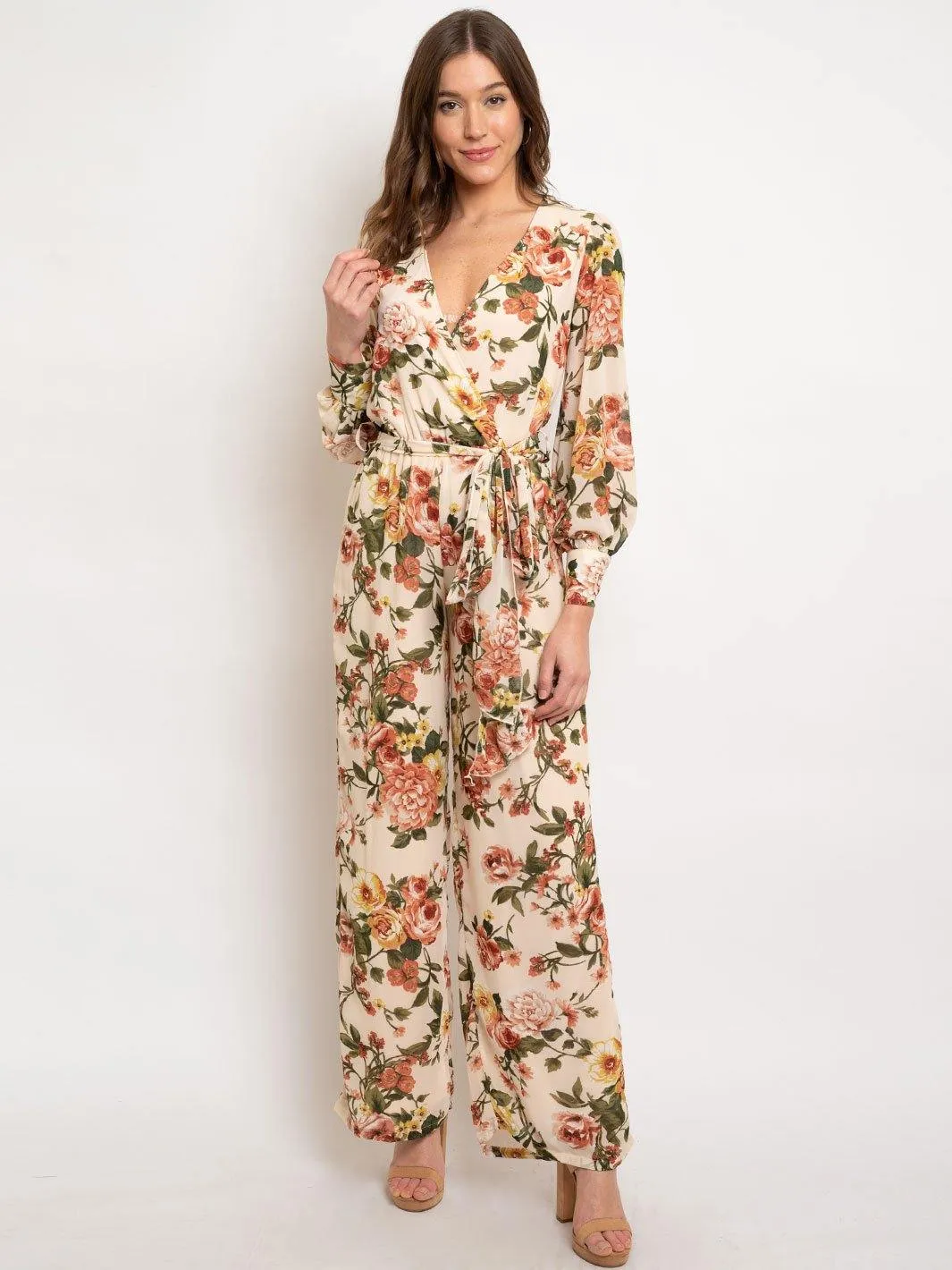 WOMEN'S LONG SLEEVE FLORAL FRONT TIE JUMPSUIT