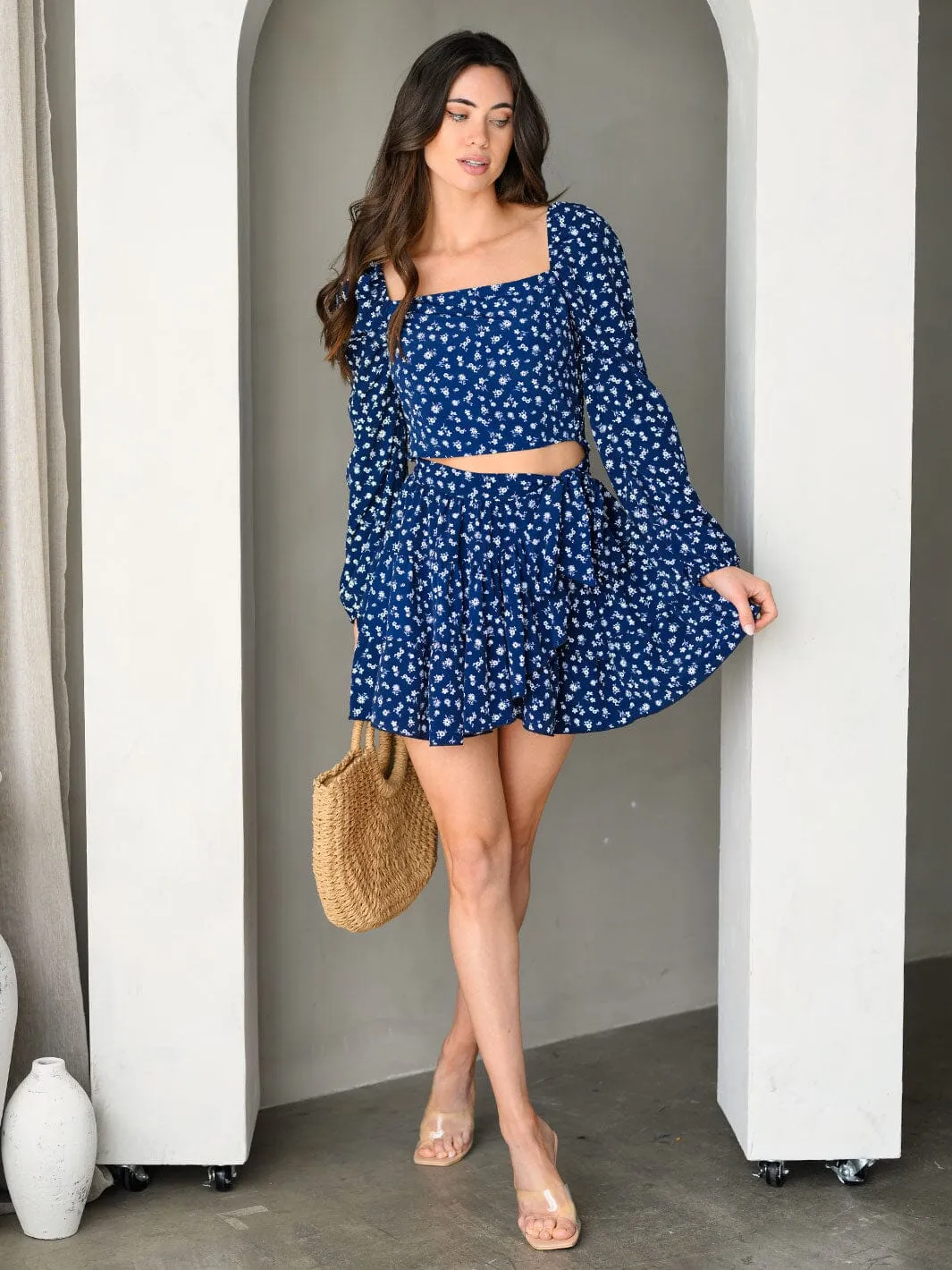WOMEN'S LONG SLEEVE TOP & MINI SKIRT FLOWER PRINT 2PC. SET
