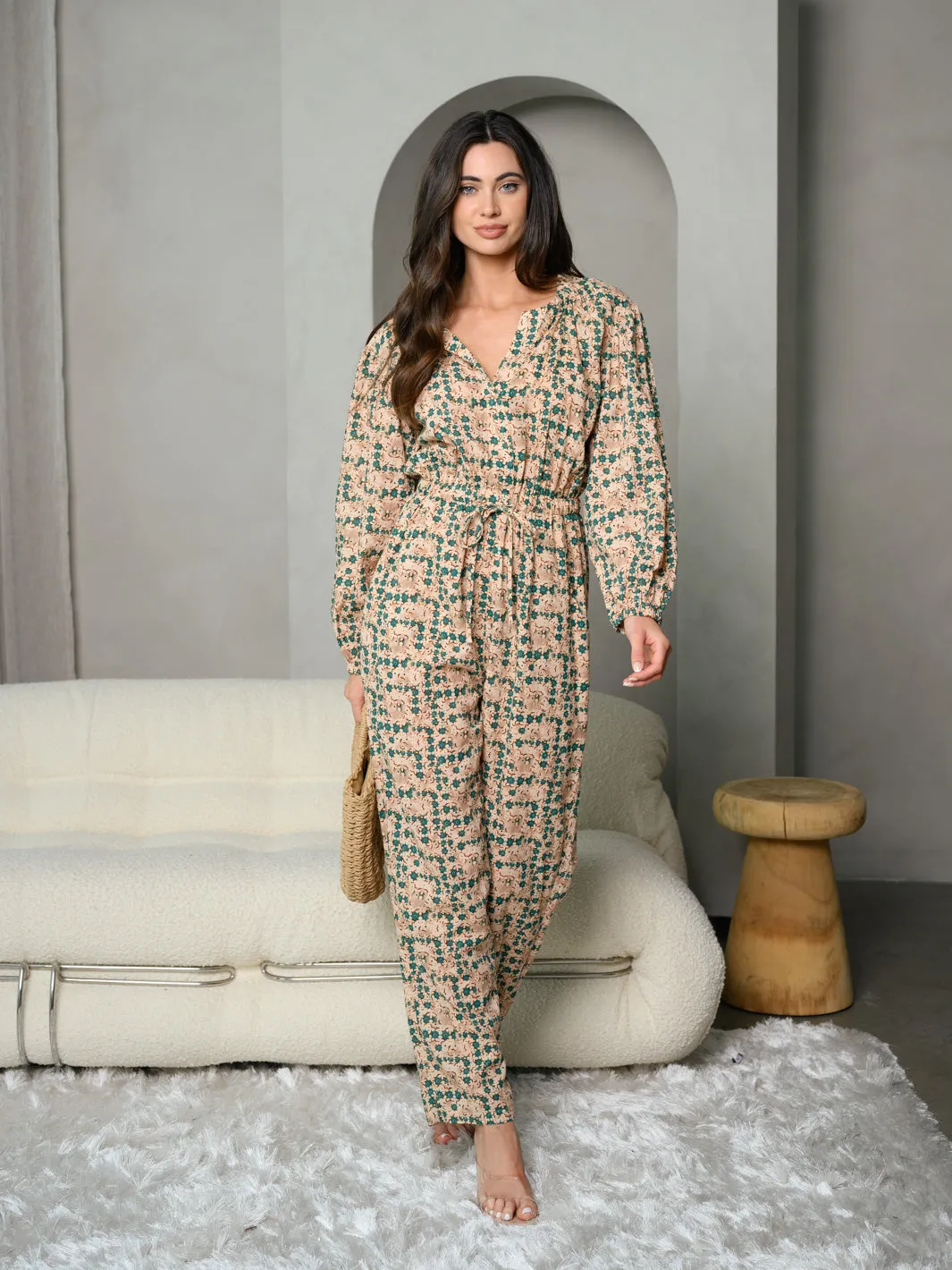 WOMEN'S LONG SLEEVE V-NECK FLORAL JUMPSUIT