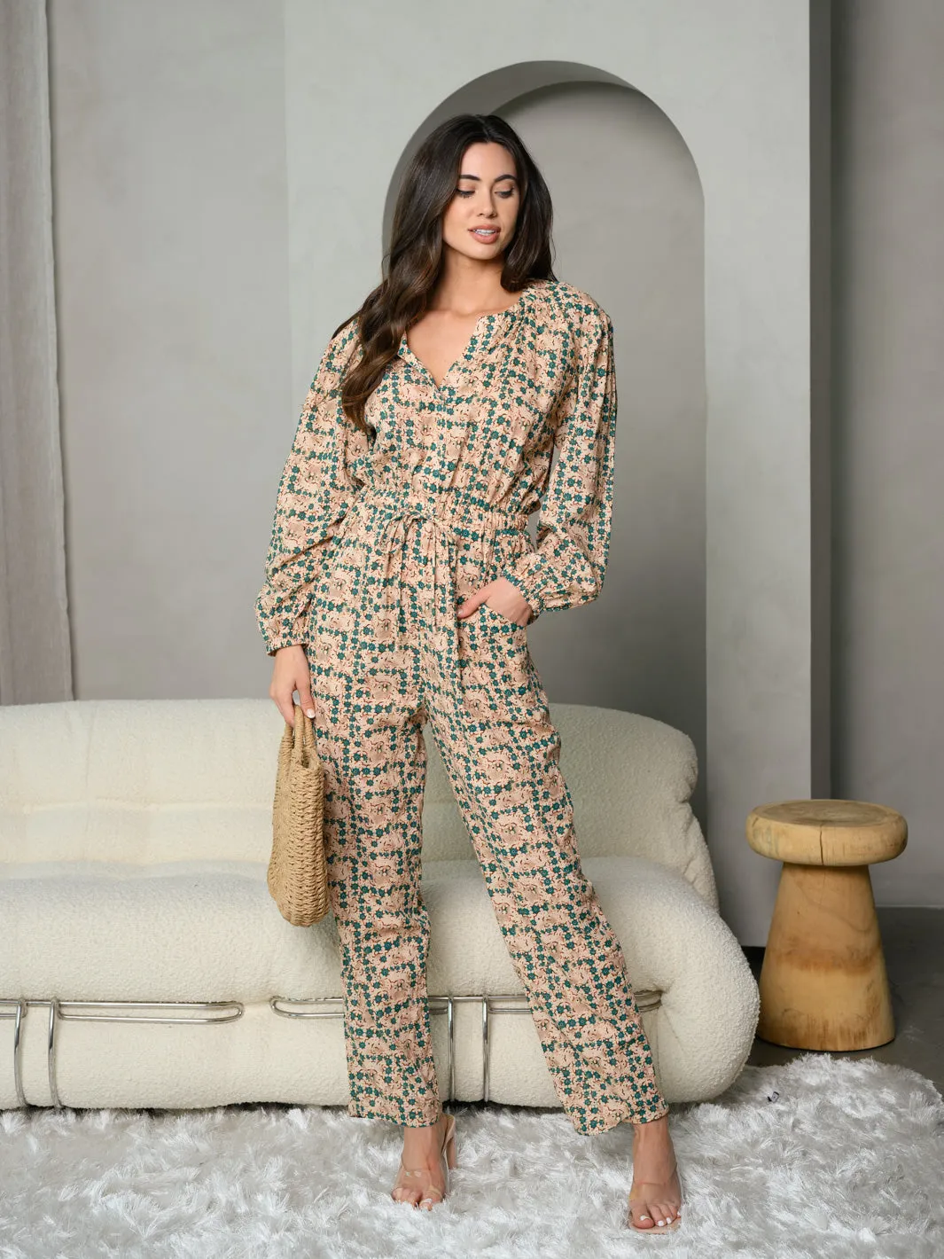 WOMEN'S LONG SLEEVE V-NECK FLORAL JUMPSUIT