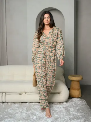 WOMEN'S LONG SLEEVE V-NECK FLORAL JUMPSUIT