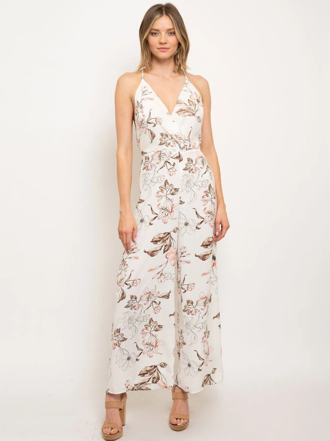 WOMEN'S OPEN BACK V-NECK FLORAL JUMPSUIT