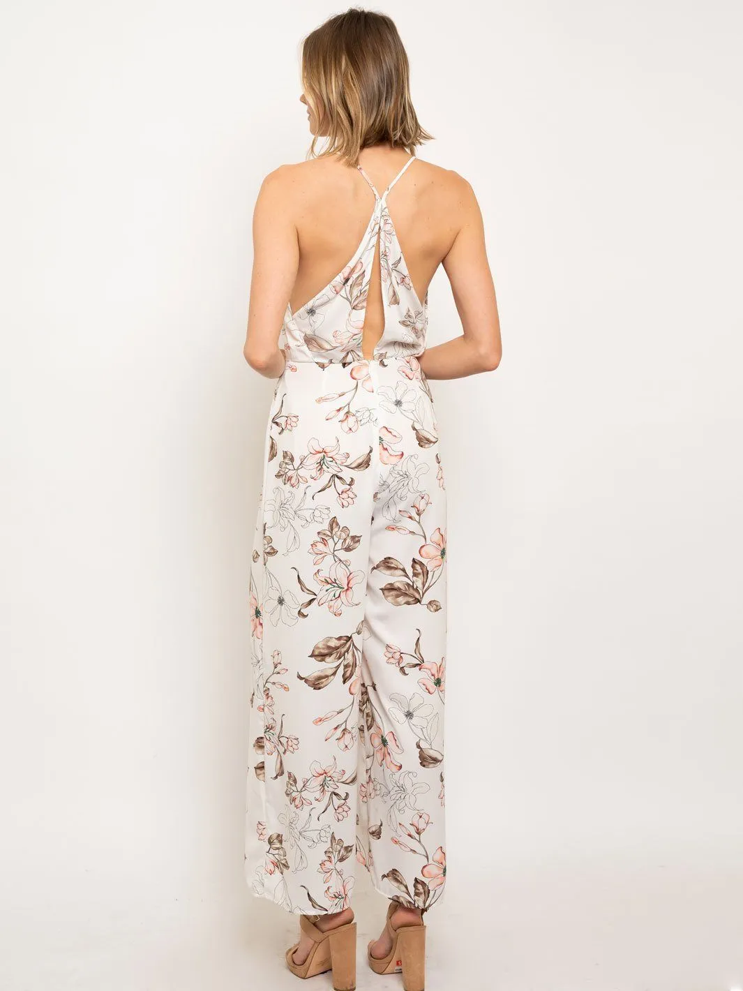 WOMEN'S OPEN BACK V-NECK FLORAL JUMPSUIT