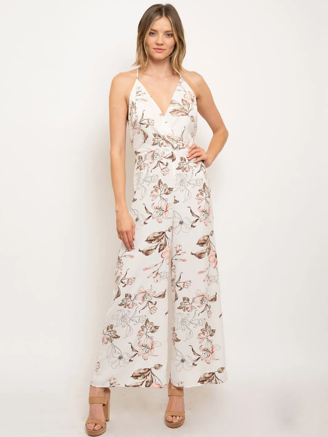 WOMEN'S OPEN BACK V-NECK FLORAL JUMPSUIT