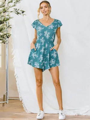 WOMEN'S SHORT RUFFLE SLEEVE V-NECK FLORAL POCKETS ROMPER