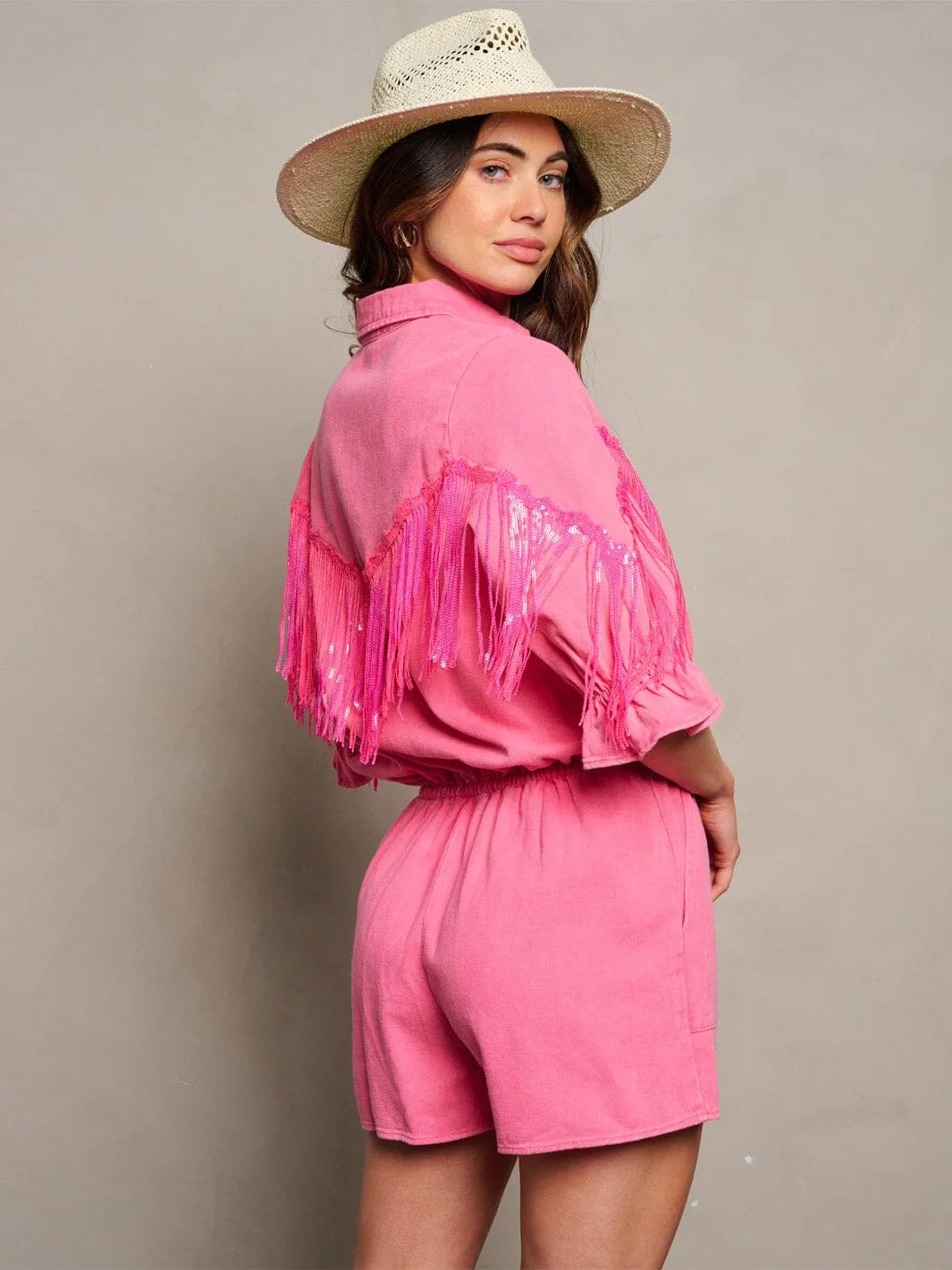 WOMEN'S SHORT SLEEVE POCKETS BUTTON UP FRINGE DENIM ROMPER
