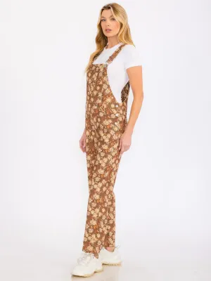WOMEN'S SLEEVELESS POCKETS FLORAL PRINT CORDUROY WIDE LEG OVERALL