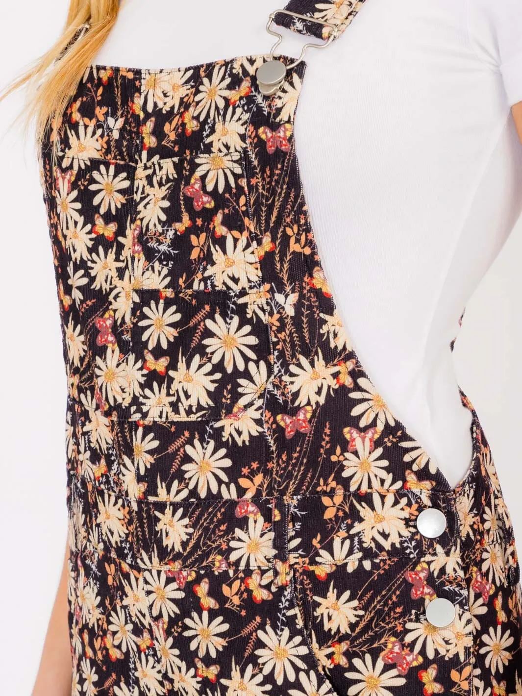 WOMEN'S SLEEVELESS POCKETS FLORAL PRINT CORDUROY WIDE LEG OVERALL