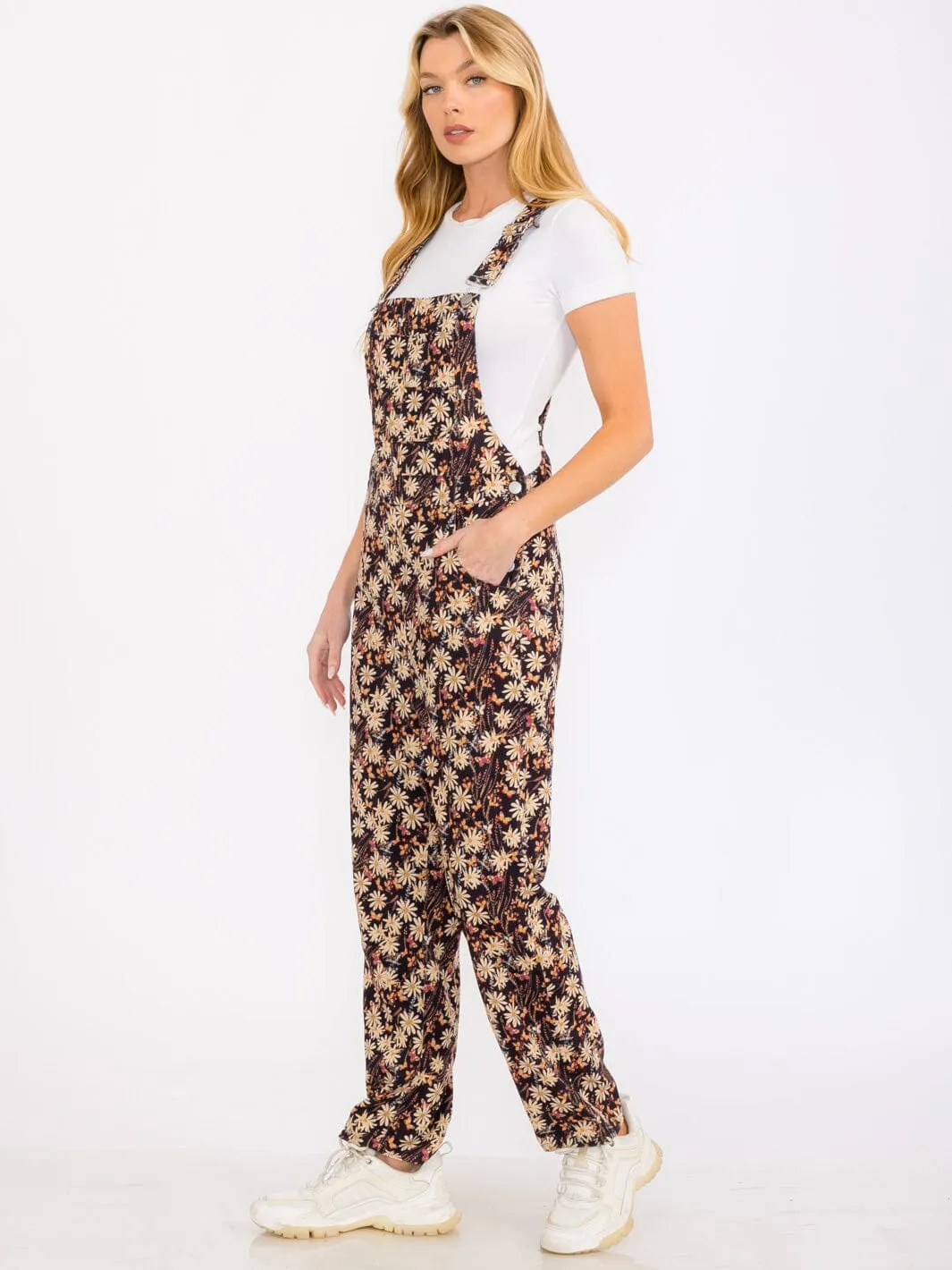 WOMEN'S SLEEVELESS POCKETS FLORAL PRINT CORDUROY WIDE LEG OVERALL