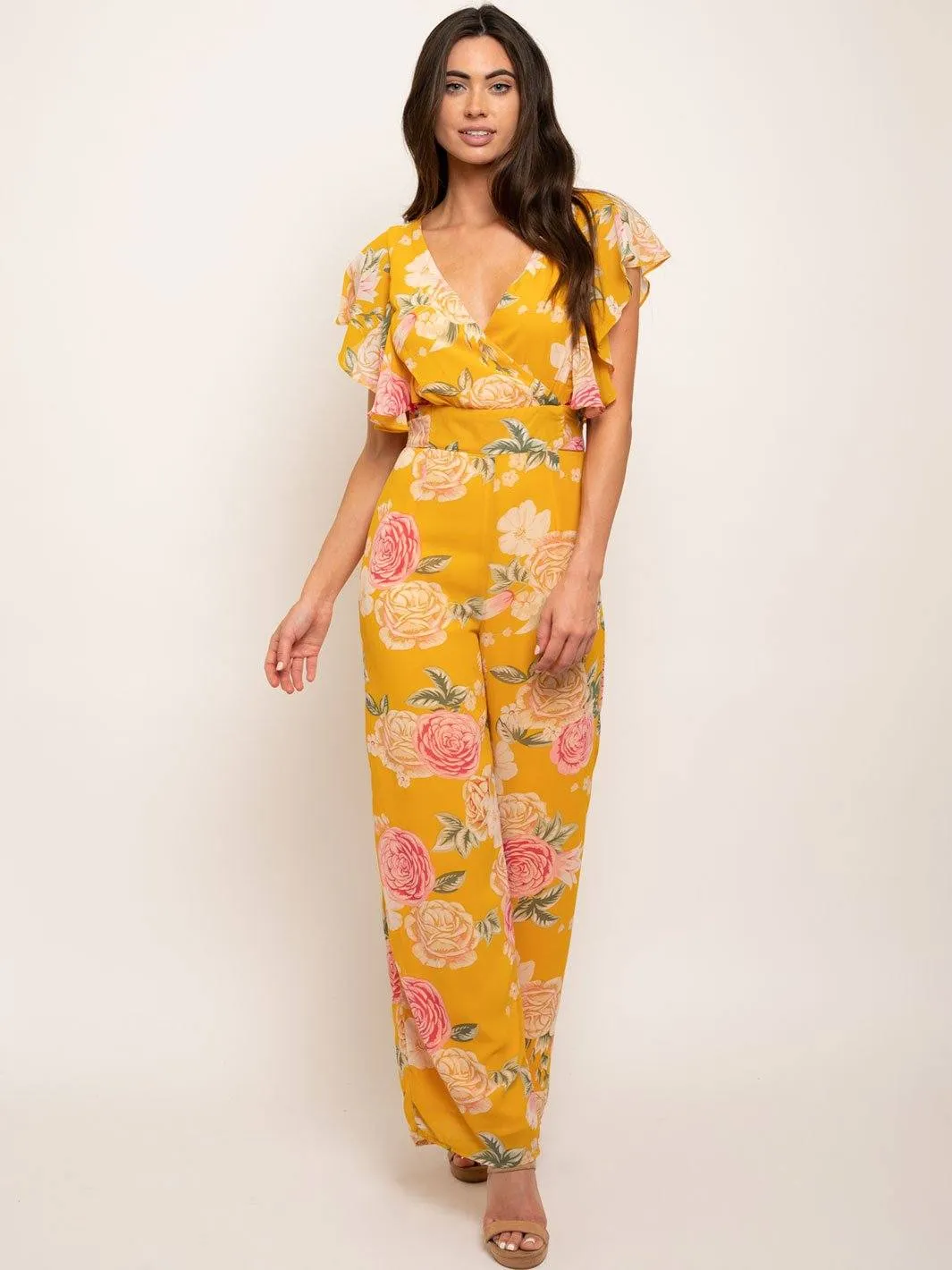 WOMEN'S V-NECK RUFFLE SLEEVES FLORAL JUMPSUIT